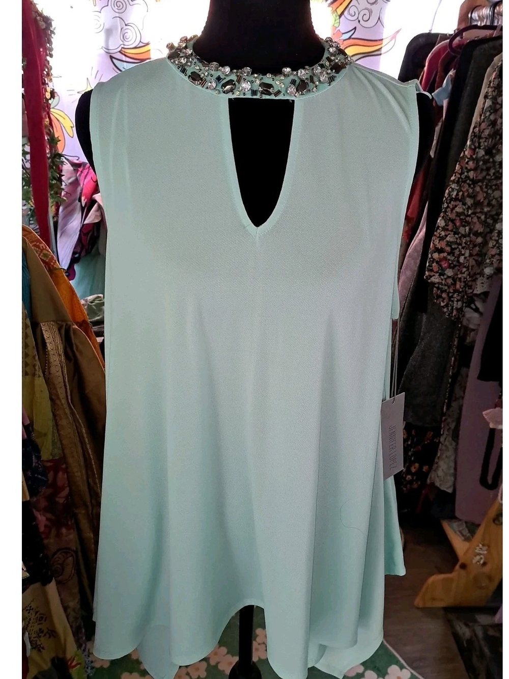 Seaglass Sparkle Jeweled Neckline Blouse | Jennifer Lopez Large NWT